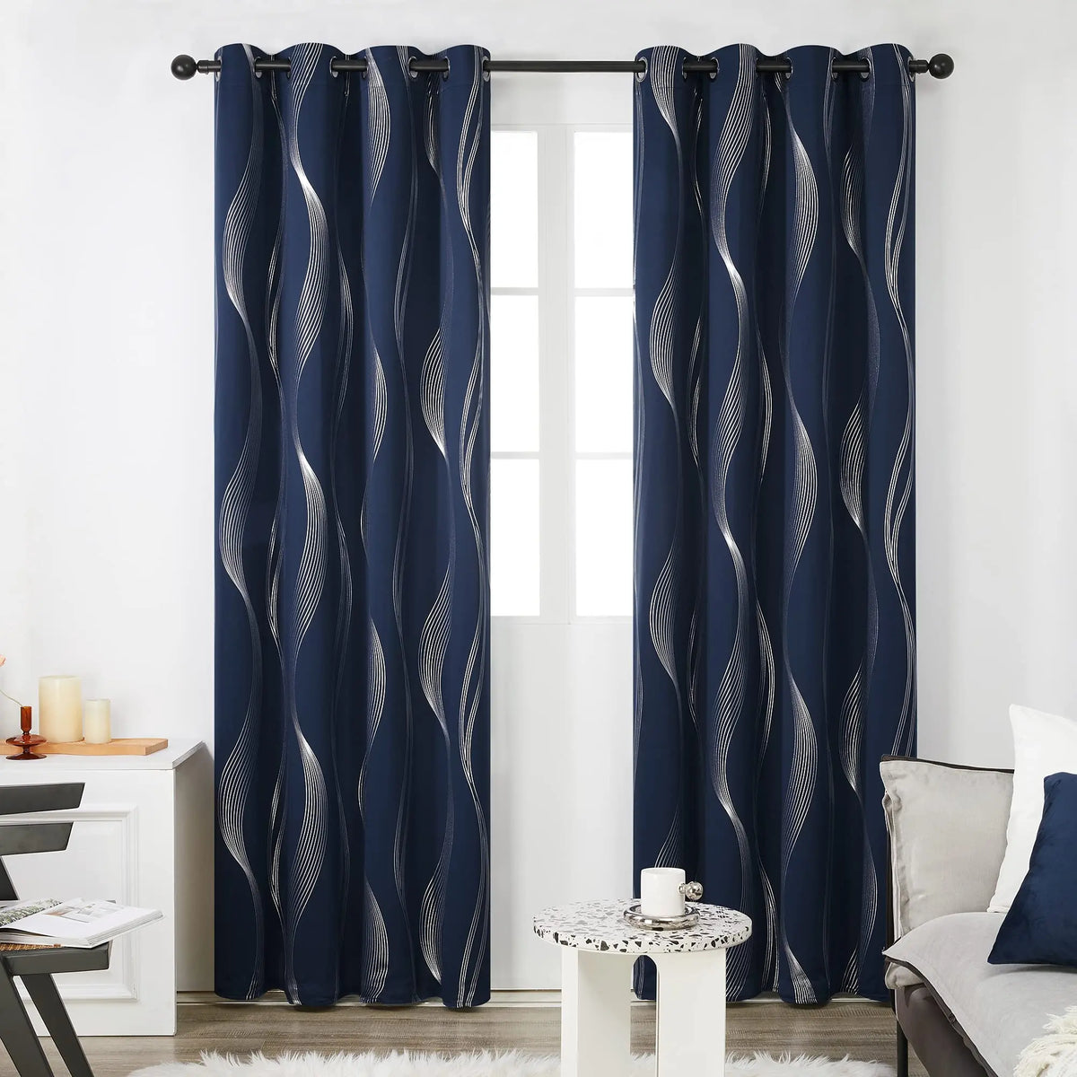 Silver Wave Print Blackout Curtains | Thermal Insulated, Grommet or Rod Pocket | Wide Size Range, Set of 2