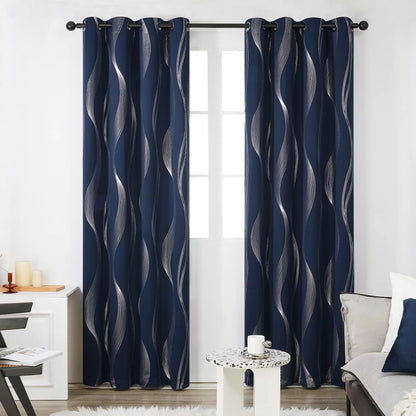 Silver Wave Print Blackout Curtains | Thermal Insulated, Grommet or Rod Pocket | Wide Size Range, Set of 2