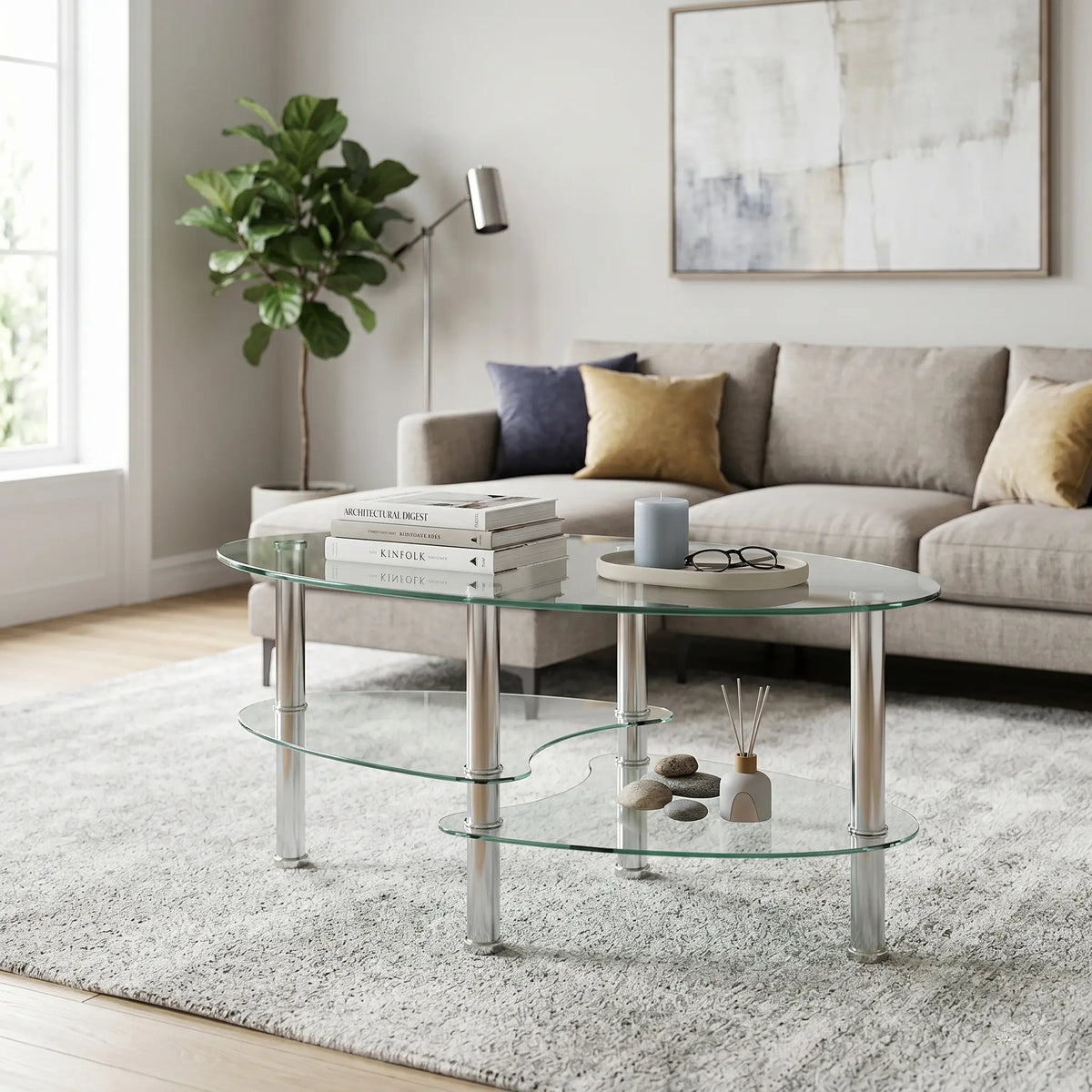 Transparent Oval Glass Coffee Table - Modern Tempered Glass Design with Stainless Steel Legs and 3-Layer Storage for Your Living Room