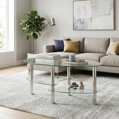 Transparent Oval Glass Coffee Table - Modern Tempered Glass Design with Stainless Steel Legs and 3-Layer Storage for Your Living Room