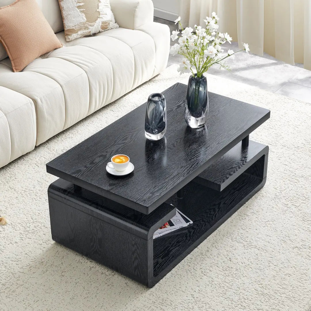 43.3" Black Wood Grain Coffee Table - Modern 3-Tier Center Table with Ample Storage for Your Living Room or Office