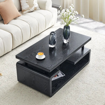 43.3" Black Wood Grain Coffee Table - Modern 3-Tier Center Table with Ample Storage for Your Living Room or Office