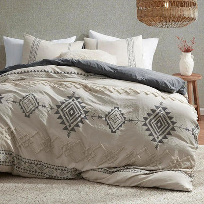 Boho Tufted Geometric Duvet Cover Set | 3-Piece Jacquard Microfibre with 8 Corner Ties | Sage, Terracotta, Grey or White