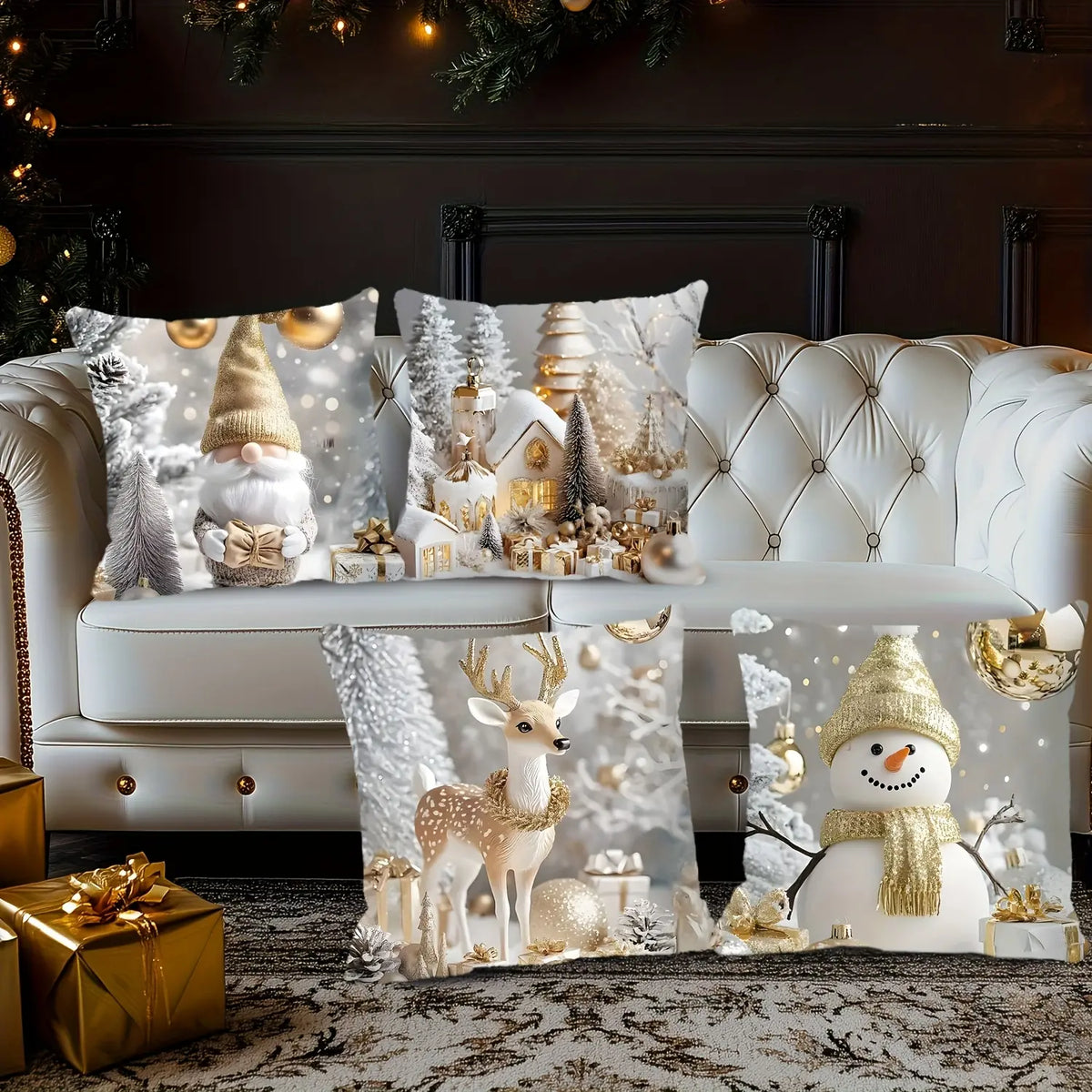 4Pcs Christmas Throw Pillow Covers Featuring Snowmen and Elves