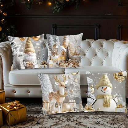 4Pcs Christmas Throw Pillow Covers Featuring Snowmen and Elves