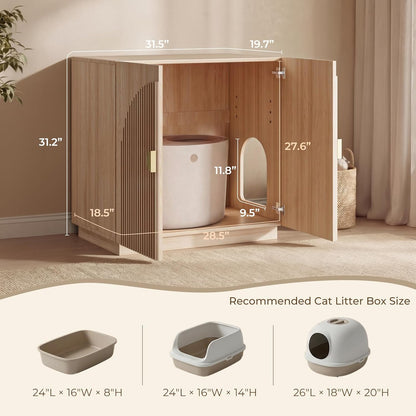Large Cat Litter Box Enclosure with Storage - Fluted Design and Adjustable Features in Natural Finish
