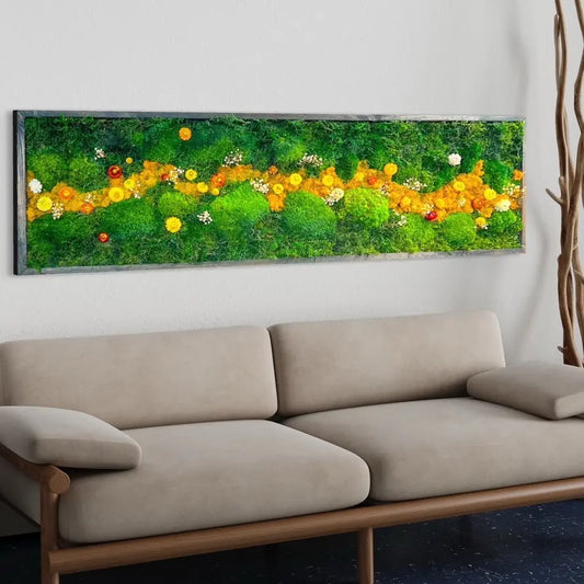 Handcrafted Framed Preserved Moss Wall Art | Botanical Panel with Wildflowers, No Maintenance | Seven Sizes to 60"