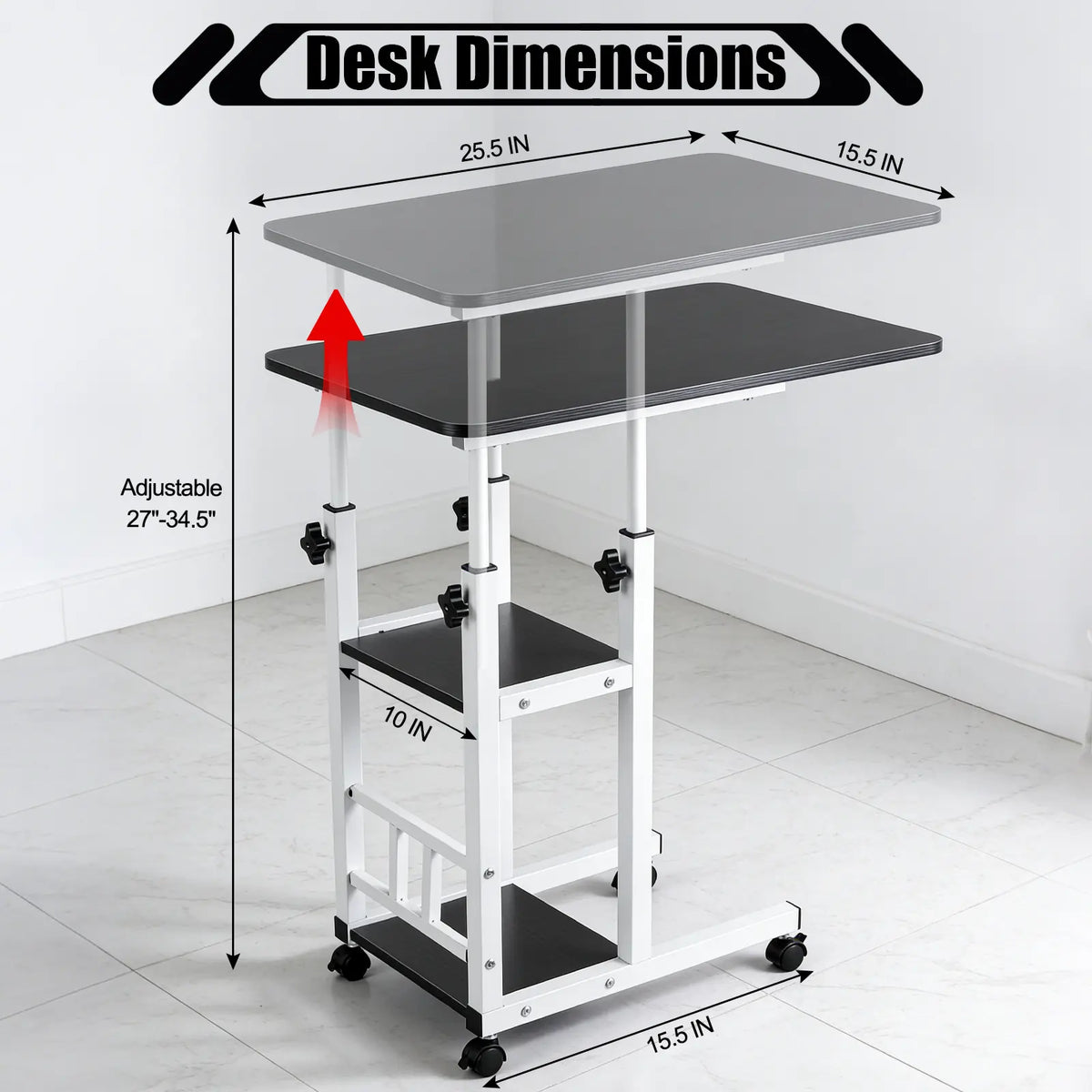 Functional Black C Shaped End Table with Adjustable Height and Wheels
