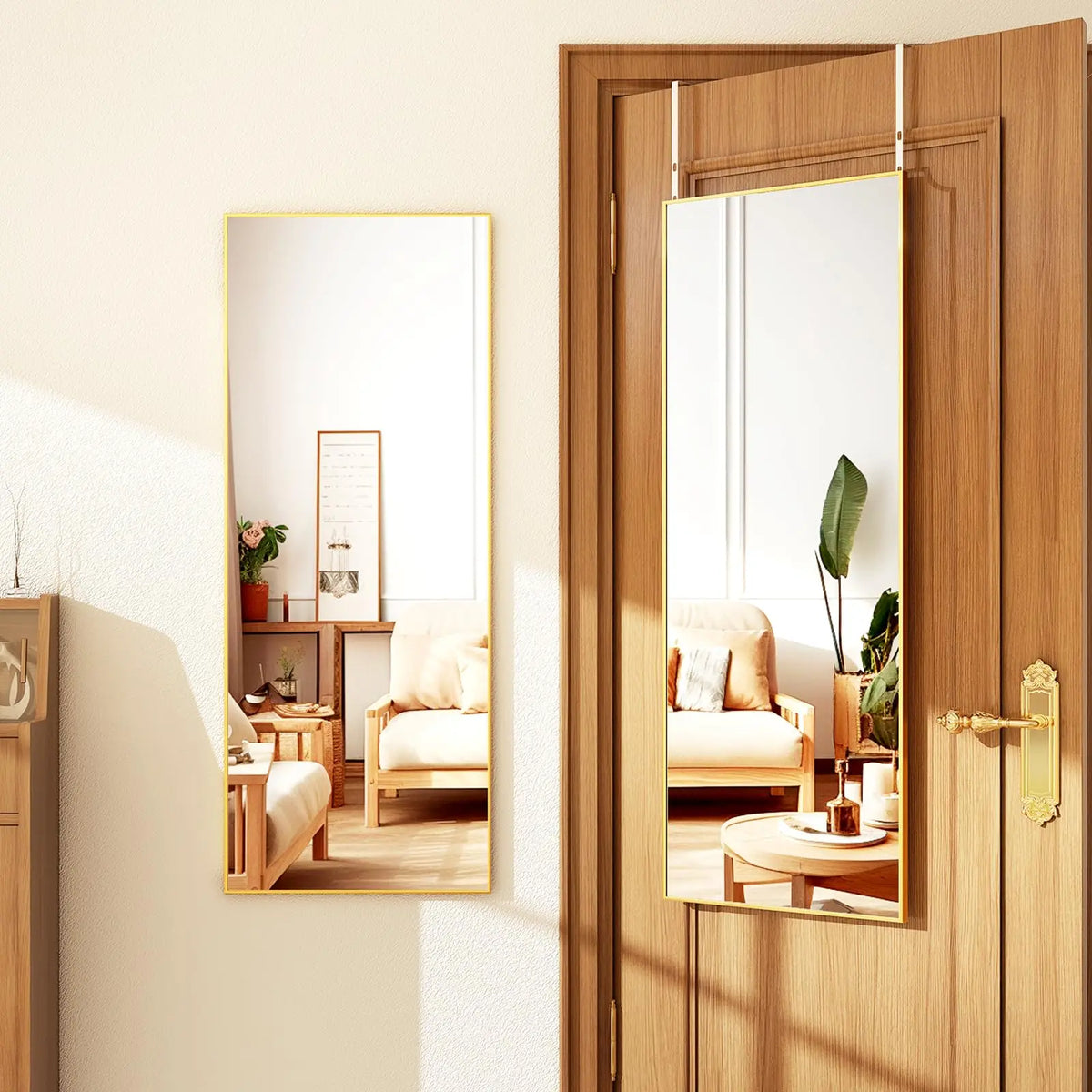 Beautypeak 48" × 14" Full Length Wall Mirror | Slim Aluminium Frame with Leather Cord | Arch & Rectangular in Gold or Black