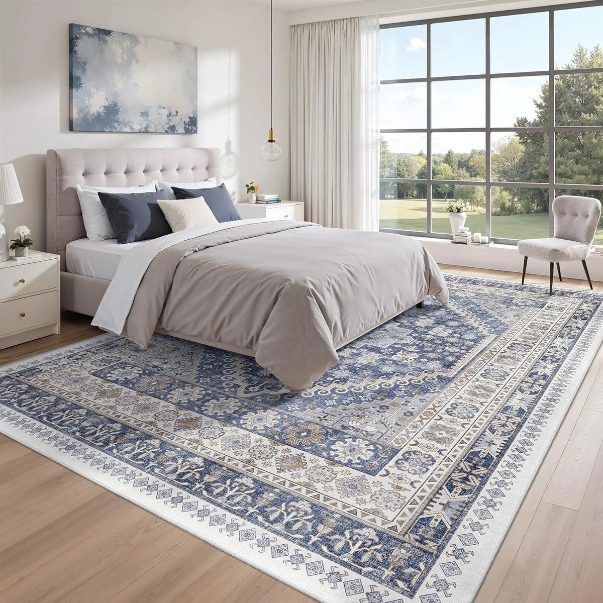 Comicomi Boho Vintage Washable Area Rug - Non-Slip, Stain Resistant, Perfect for High Traffic Areas (Blue/Beige, 8'X10')