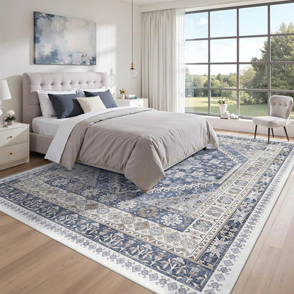 Comicomi Boho Vintage Washable Area Rug - Non-Slip, Stain Resistant, Perfect for High Traffic Areas (Blue/Beige, 8'X10')