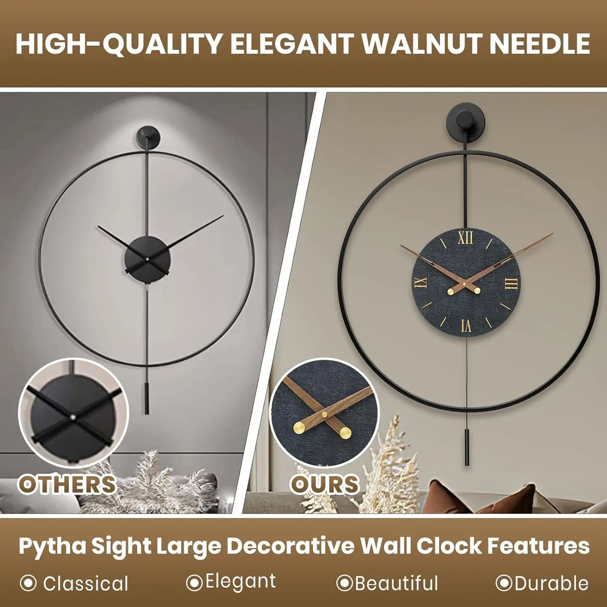 Large Pendulum Wall Clock 24" × 33" | Silent Non-Ticking Quartz Movement, Walnut Hands | Black or Black-Walnut