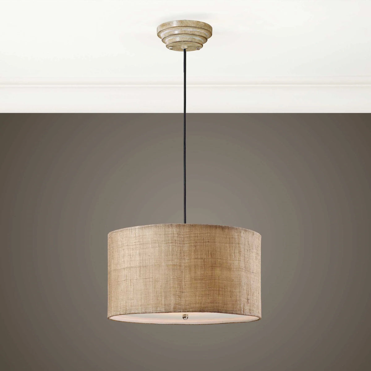 3 Light Burlap Drum Pendant