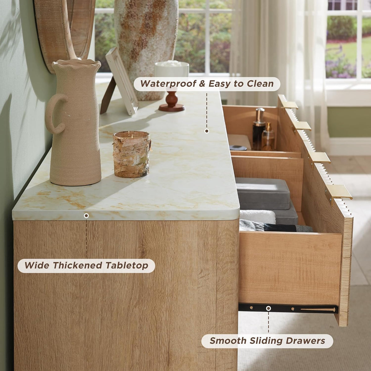 54" Fluted 6-Drawer Dresser in Natural Oak with Faux Marble Top