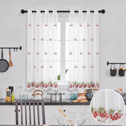 2 Panels 52"X60" Water Soluble Embroidery Lace Grommet Curtains,Farmhouse Sheer Drapes,Linen Textured Sheer Curtain,Short Window Curtains,Fruit Designs Lace Embroidery Metal Grommet Light Filtering Window Voile for Dedroom Bathroom Decor SR00