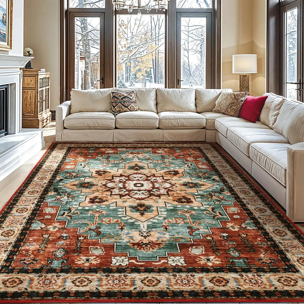 Shilucheng Boho Area Rug 9X12 Washable Rugs for Bedroom Low Piles Indoor Rugs, Non Slip Soft Rugs for Living Room, Foldable Pet Friendly Area Rugs,Summerwins,Back to School,Dorm Essentials,Home Decor,Home Essentials