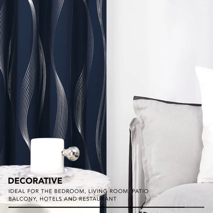 Silver Wave Print Blackout Curtains | Thermal Insulated, Grommet or Rod Pocket | Wide Size Range, Set of 2