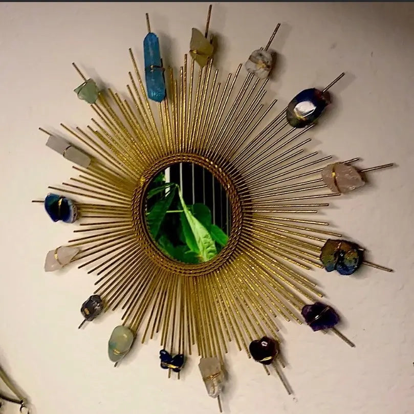 Alectrona Sunburst Crystal Wall Mirror | Handmade Metal Spire Frame with Natural Crystals | Boho Accent Mirror