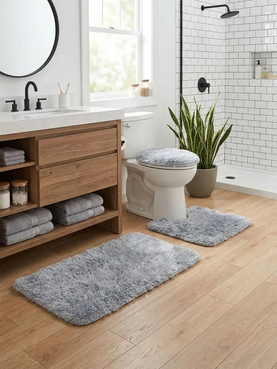 3 Piece Grey Bathroom Rug Set | Soft Bath Mat, Toilet Contour Rug & Lid Cover | Non-Slip Bathroom Mat Set | Washable Bathroom Rugs