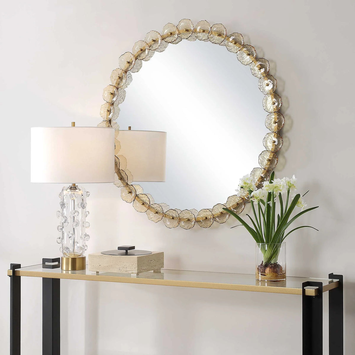Amber Glass Petal Round Mirror