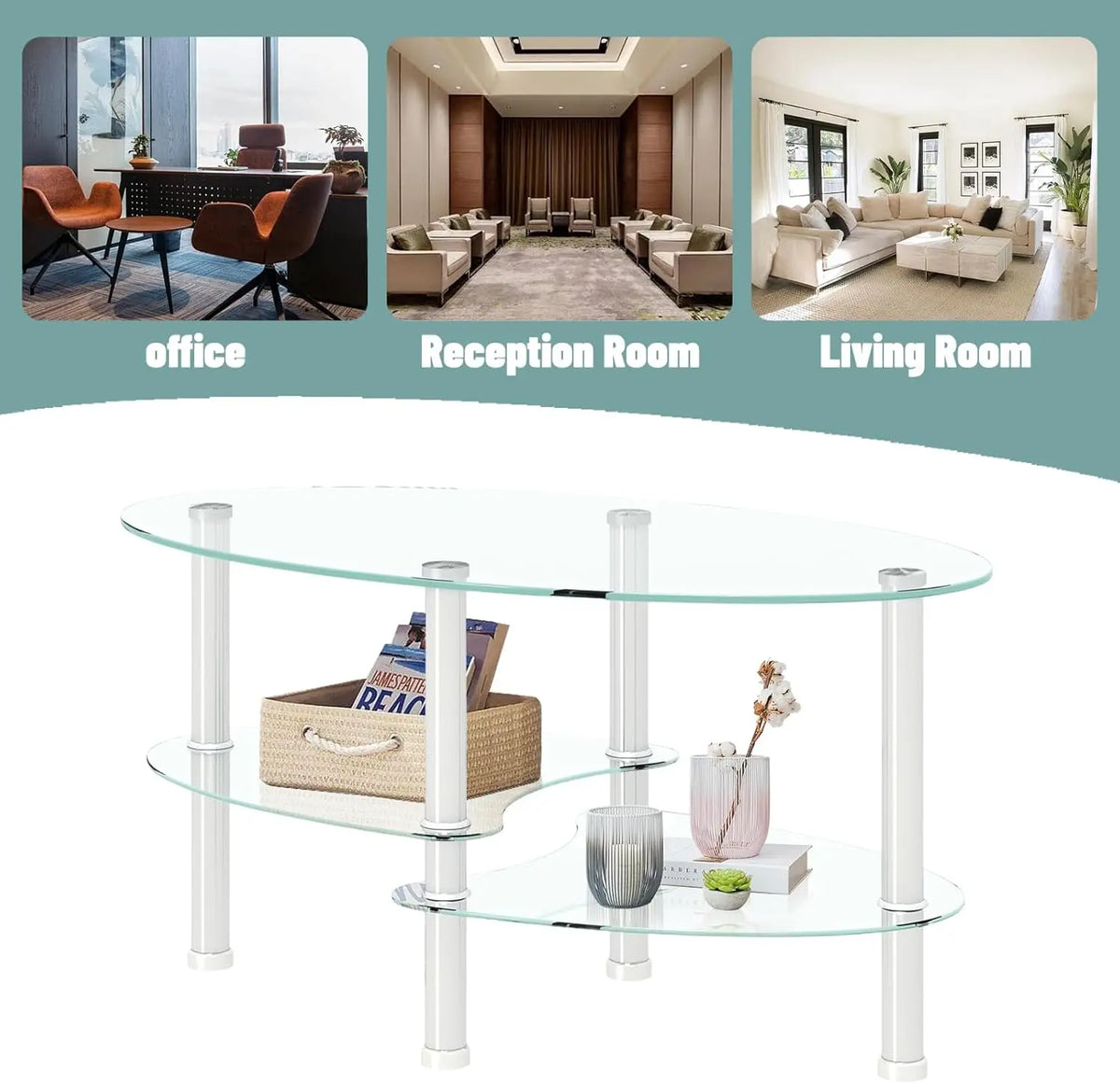 Transparent Oval Glass Coffee Table - Modern Tempered Glass Design with Stainless Steel Legs and 3-Layer Storage for Your Living Room