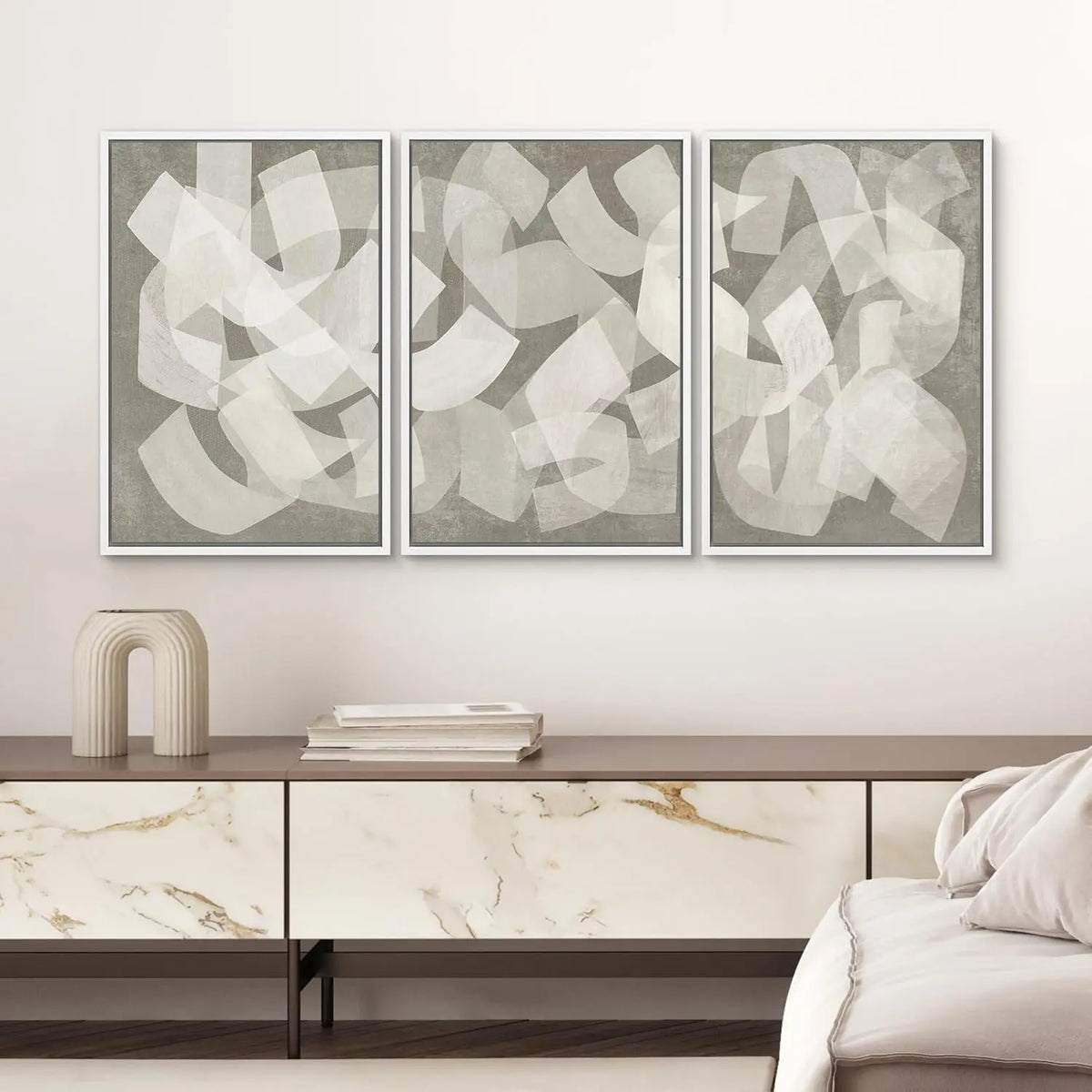 Framed Canvas Print Set - Abstract Geometric Art in Calming Neutral Tones - 16" x 24" x 3