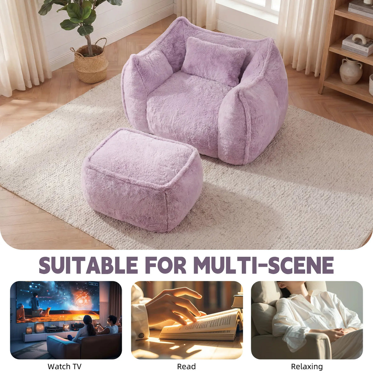 Fluffy Faux Fur Bean Bag Lounger with Ottoman
