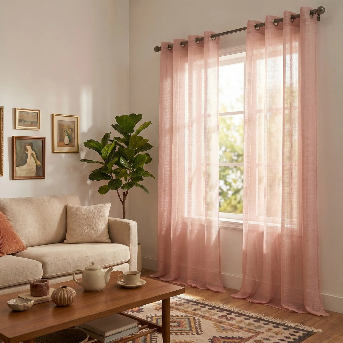 Slub Yarn Semi-Sheer Curtains 52" × 95" | Set of 2 Extra-Long Light-Filtering Grommet Panels | Fifteen Colourways