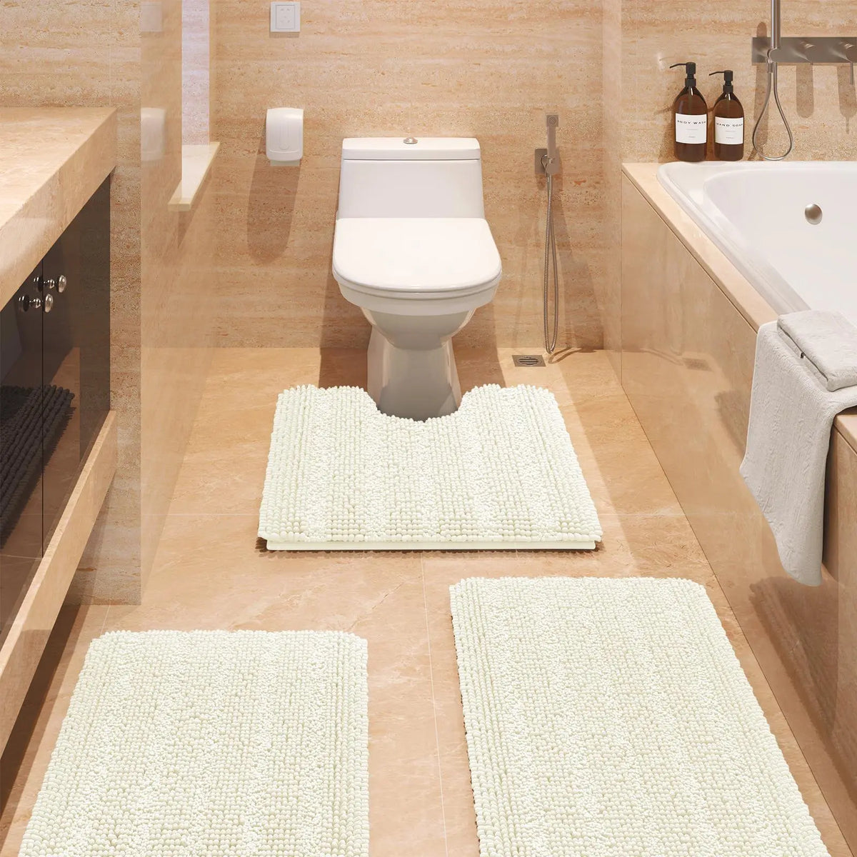 Transform Your Bathroom with the ACCUMTEK Luxurious Soft Striped Chenille Bath Rug Set - 3 Plush, Non-Slip Mats for Ultimate Comfort and Style