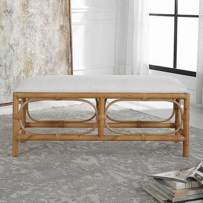 White Fabric Rattan Bench