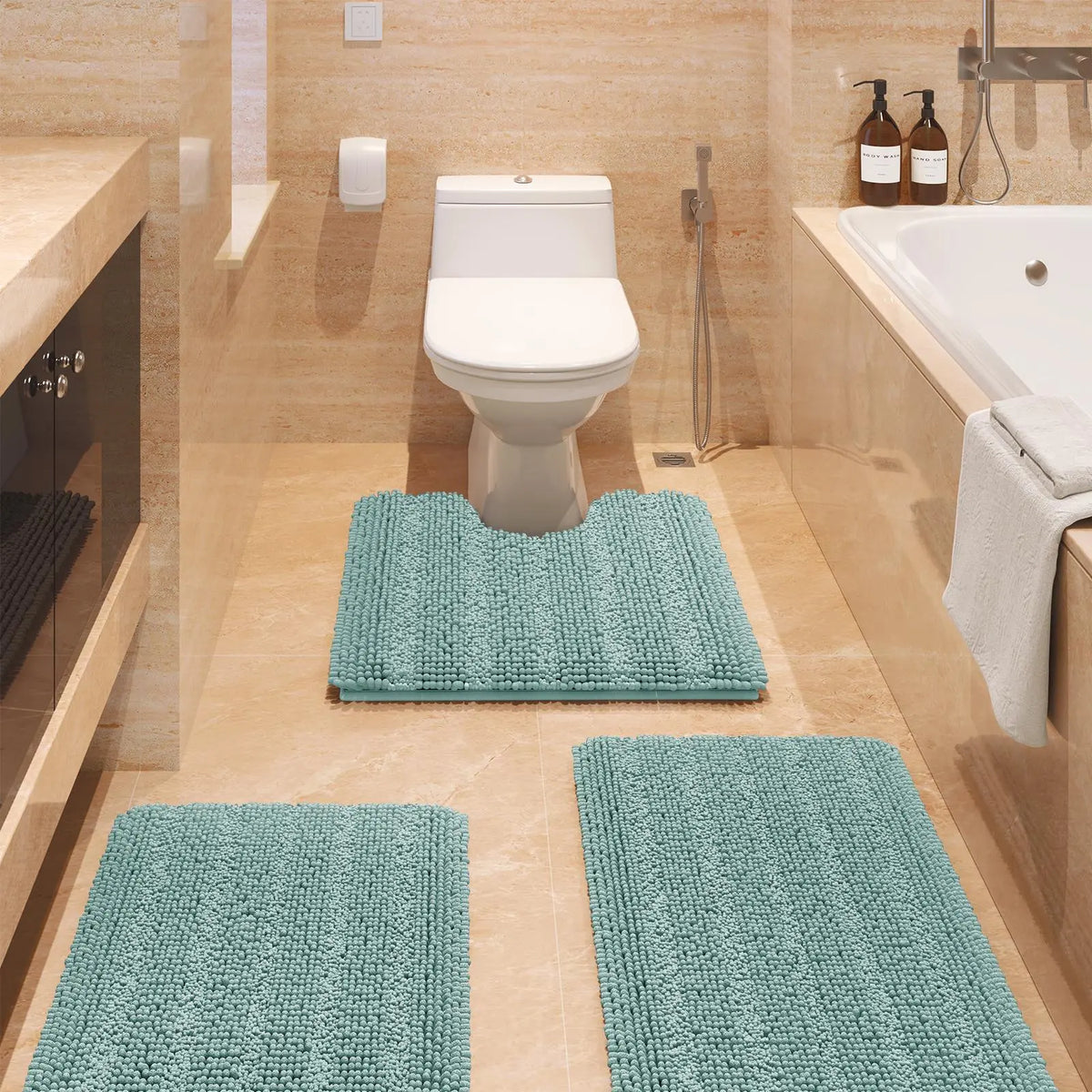 Transform Your Bathroom with the ACCUMTEK Luxurious Soft Striped Chenille Bath Rug Set - 3 Plush, Non-Slip Mats for Ultimate Comfort and Style