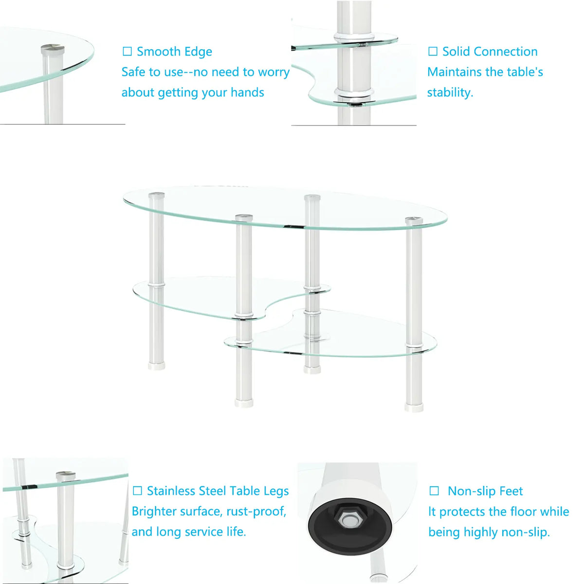 Transparent Oval Glass Coffee Table - Modern Tempered Glass Design with Stainless Steel Legs and 3-Layer Storage for Your Living Room