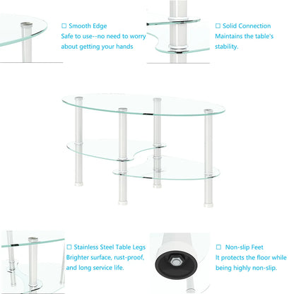 Transparent Oval Glass Coffee Table - Modern Tempered Glass Design with Stainless Steel Legs and 3-Layer Storage for Your Living Room