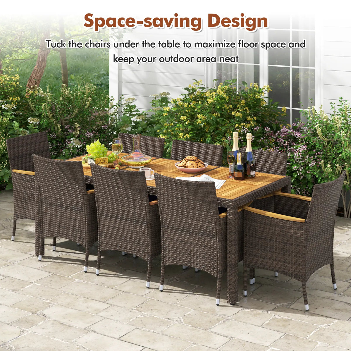 Costway - 9 Piece Outdoor Dining Set with Acacia Wood Table Top-Navy