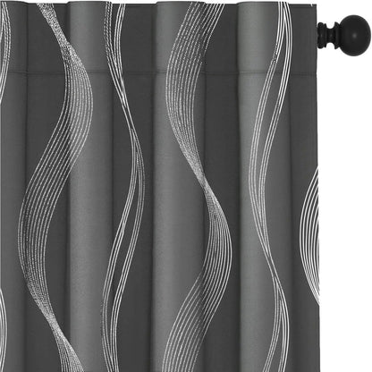 Silver Wave Print Blackout Curtains | Thermal Insulated, Grommet or Rod Pocket | Wide Size Range, Set of 2