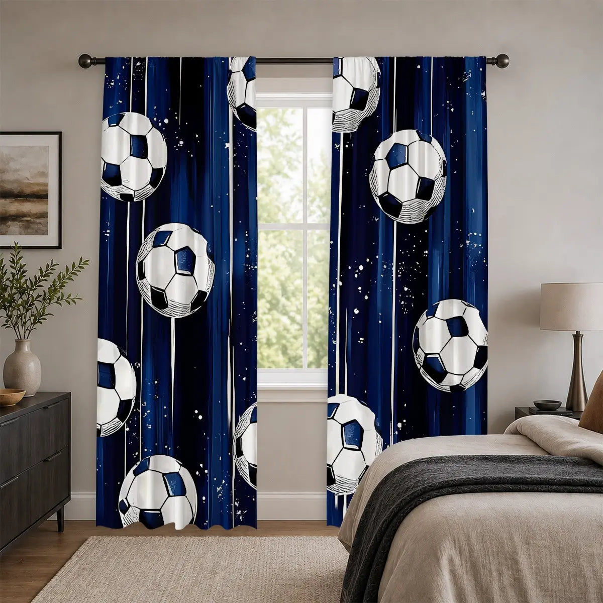 2Pcs Blue Soccer Curtains - Thermal Insulated Blackout Drapes with Stars for Boys' Bedrooms and Game Rooms