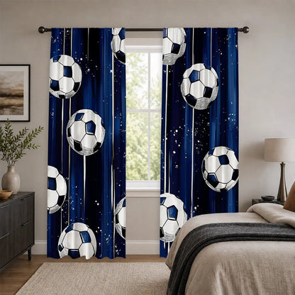 2Pcs Blue Soccer Curtains - Thermal Insulated Blackout Drapes with Stars for Boys' Bedrooms and Game Rooms