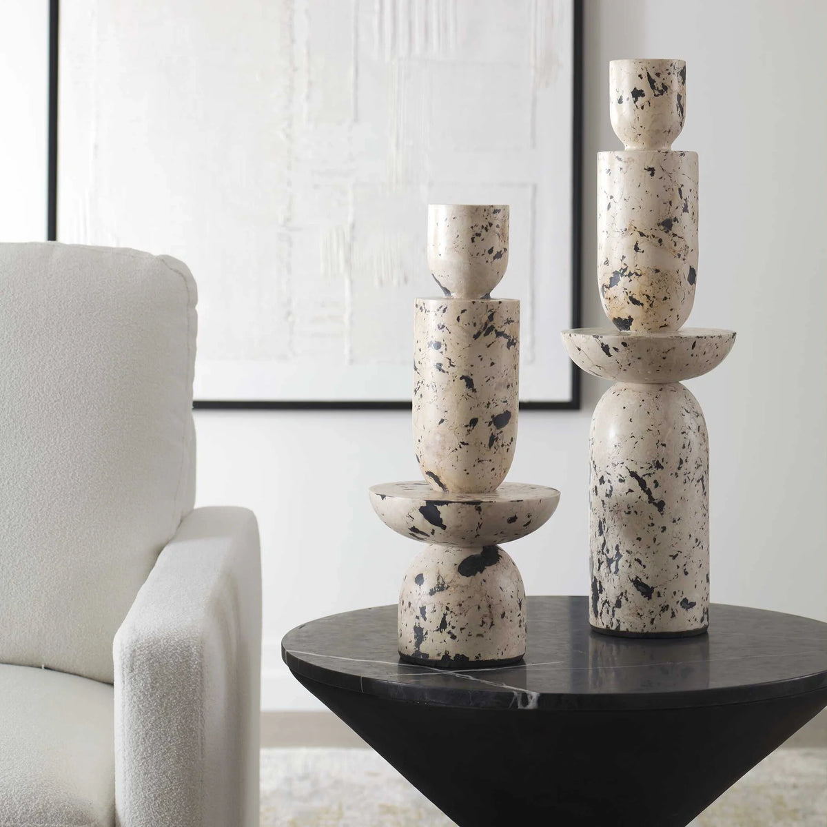 Limestone Tower Sculptures, Set of 2