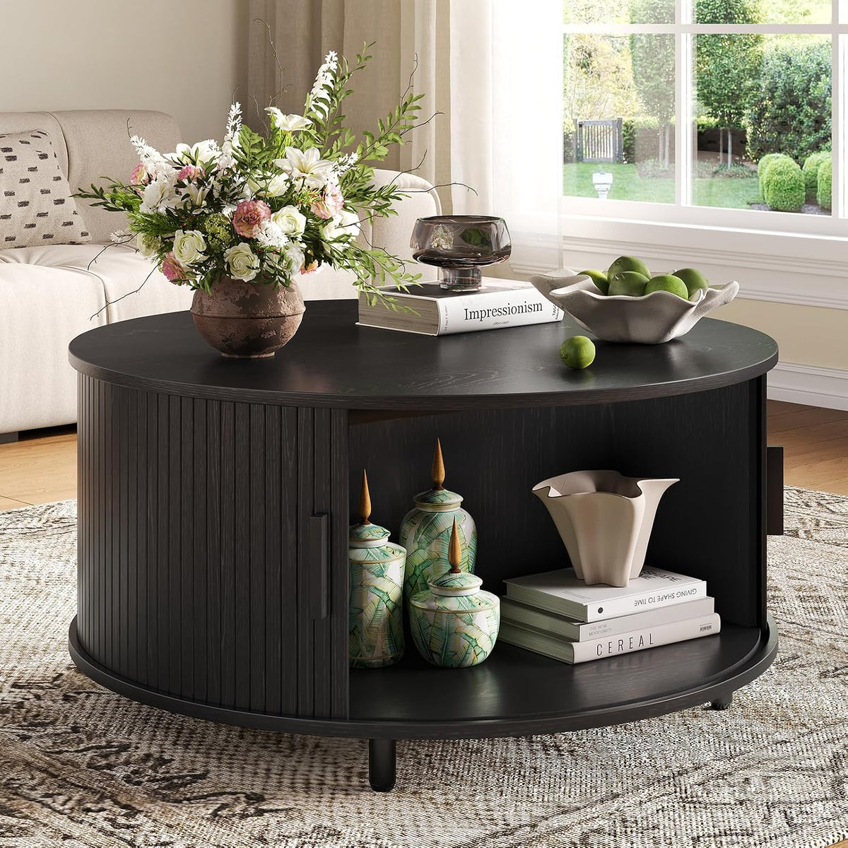 31.5" Round Black Coffee Table with Fluted Design