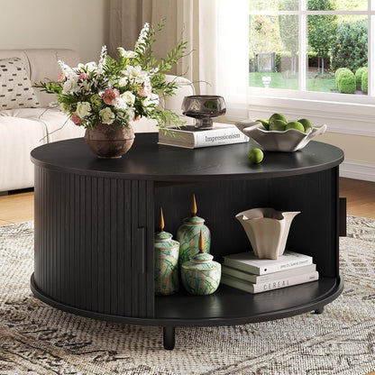 31.5" Round Black Coffee Table with Fluted Design