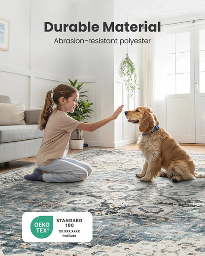 Homefurnishing 8X10 Washable Vintage Floral Area Rug - Non-Slip Backing & Durable Edge Binding for Living Room, Bedroom & Dining Room
