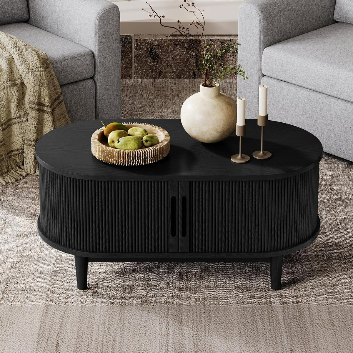 Oval Black Coffee Table with Fluted Tambour Door