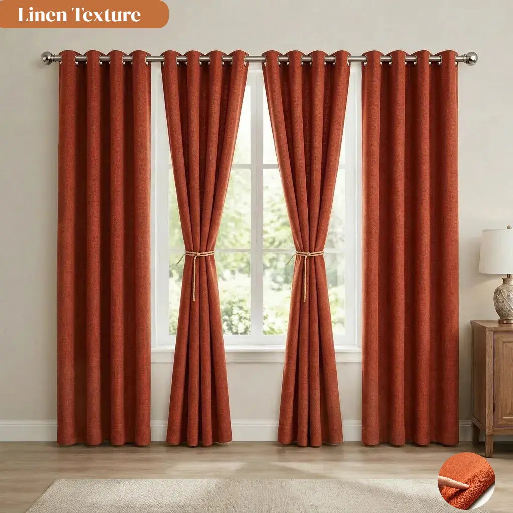 Terracotta Linen Blend Room-Darkening Curtains | Set of 4 Panels, Rust-Proof Grommet Top | Six Sizes to 108"
