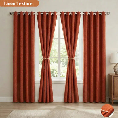 Terracotta Linen Blend Room-Darkening Curtains | Set of 4 Panels, Rust-Proof Grommet Top | Six Sizes to 108"