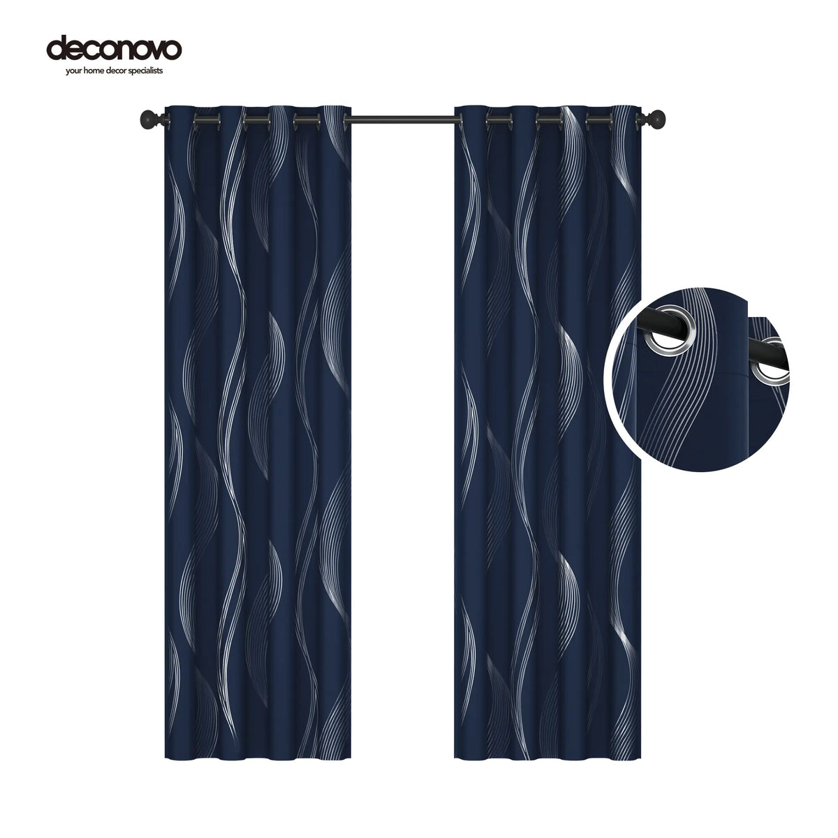 Silver Wave Print Blackout Curtains | Thermal Insulated, Grommet or Rod Pocket | Wide Size Range, Set of 2