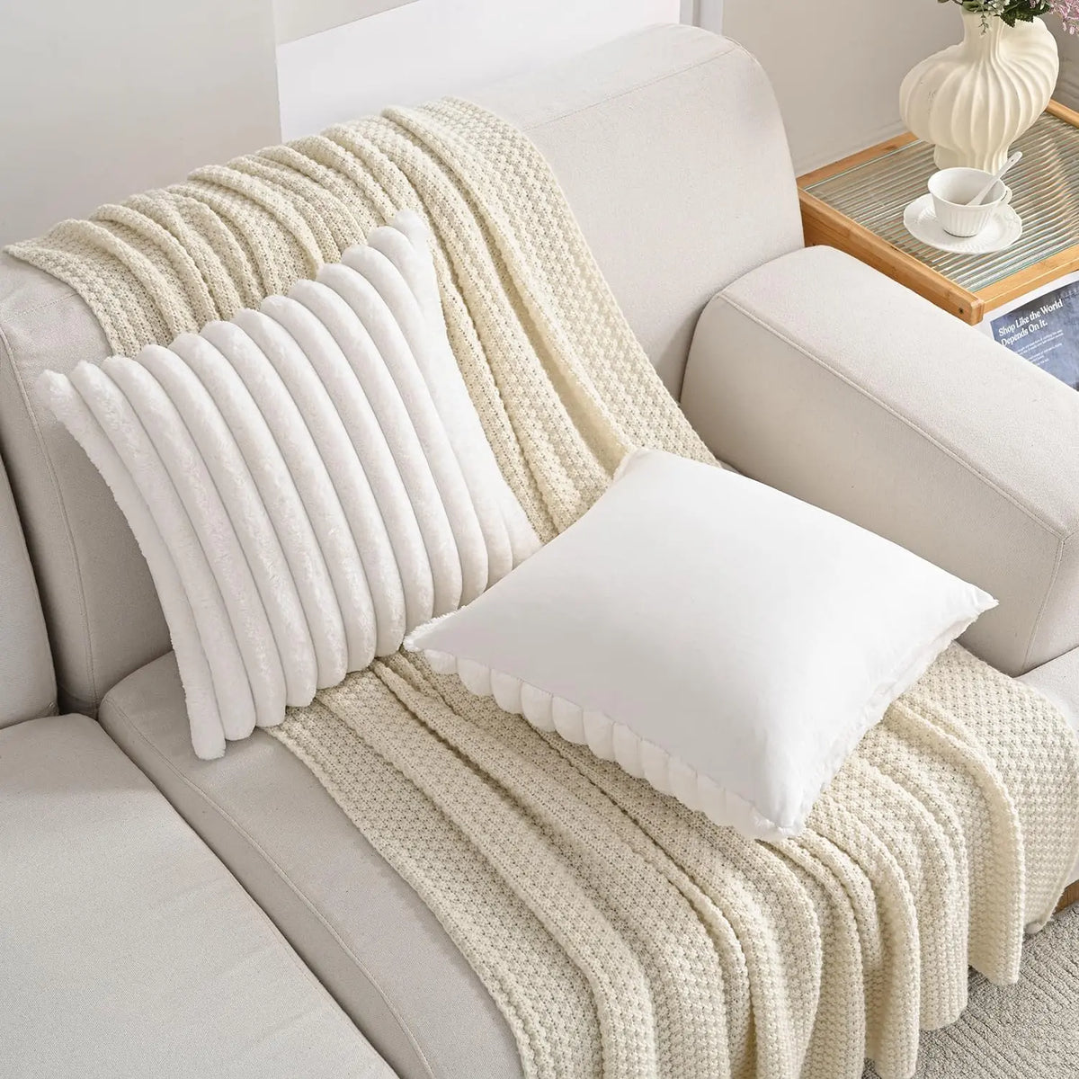 Set of 2 Luxuriously Soft Faux Plush Decorative Throw Pillow Covers - 18x18 Inches, Cream White Striped Accent Cushions for Sofa, Couch, and Bed