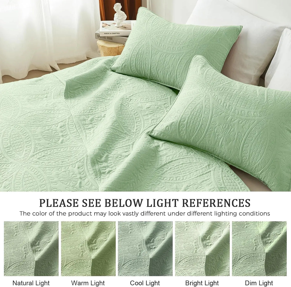 3-Piece Microfiber Bedding Set - Queen Size Light Green Ultrasonic Quilted Bedspread Coverlet, Soft Bedspreads with Coin Patchwork