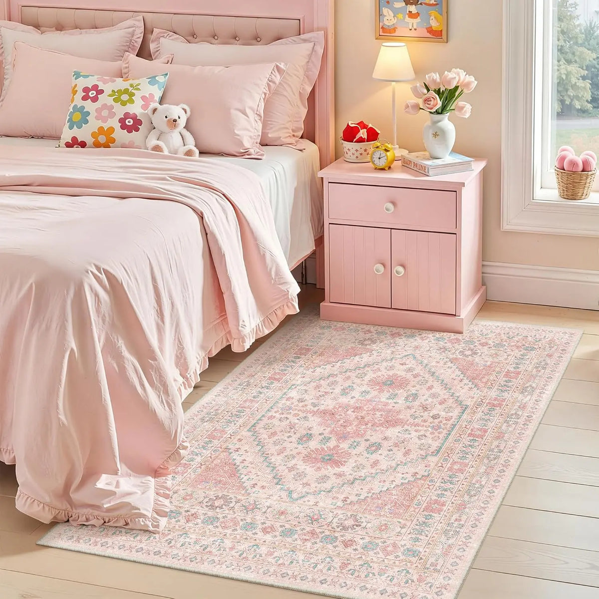 Comicomi Decorative Rugs for Bedroom, Non-Slip Backing Machine Washable Vintage Bohemian Geometric Pattern Large Pink Stain-Resistant Soft Indoor Rug for Kids Nursery Dorm, Decorative Rug,Back to School,Dorm Essentials,Home Decor,Home Essentials