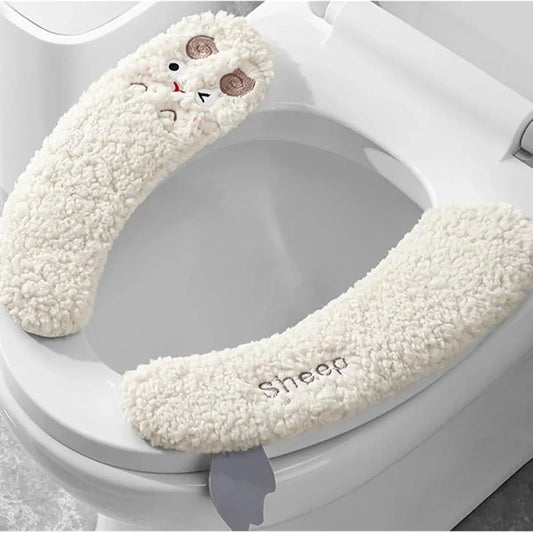 Cartoon Toilet Seat Cushion Set - Universal Beige Covers with Handle Sticker