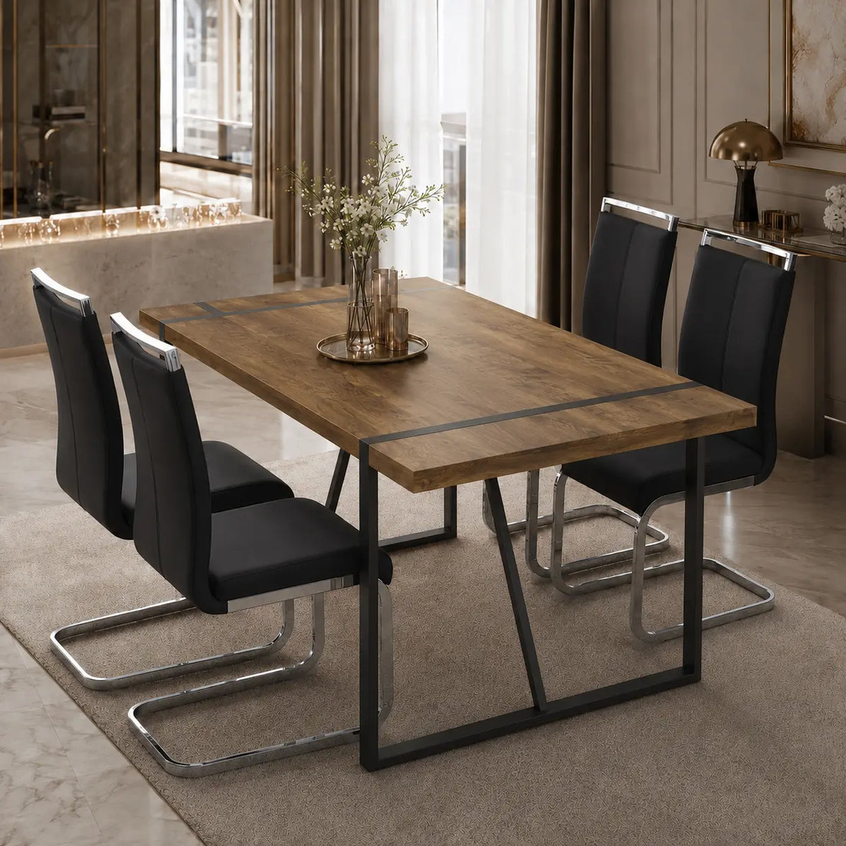 Elegant 5-Piece Dining Table Set for 6 - Modern White Rectangular MDF Table with Comfortable Leather Chairs